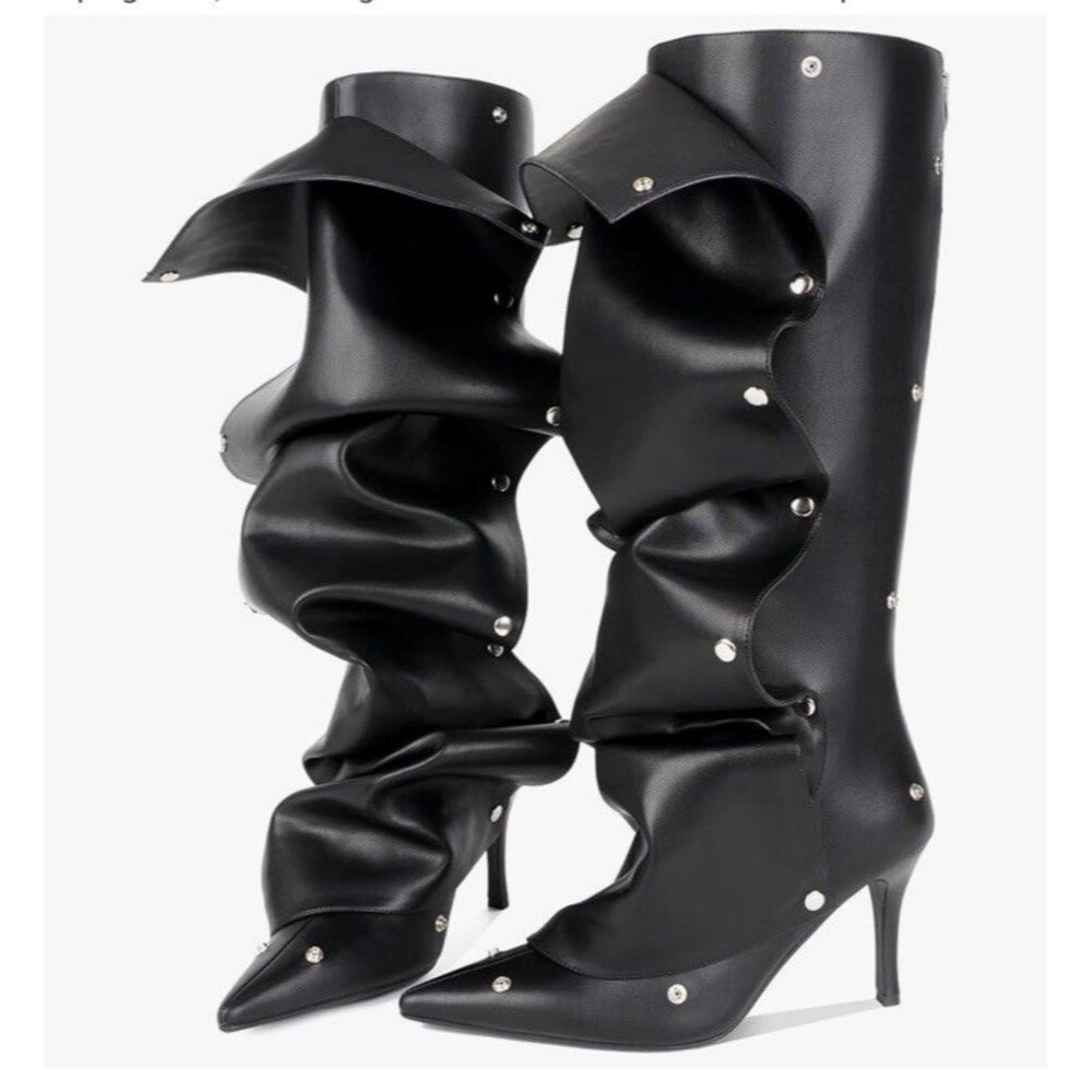Eusibb Slouch Pointed Toe Knee High Boots Stiletto 8.5 Heel Pull On Convertible